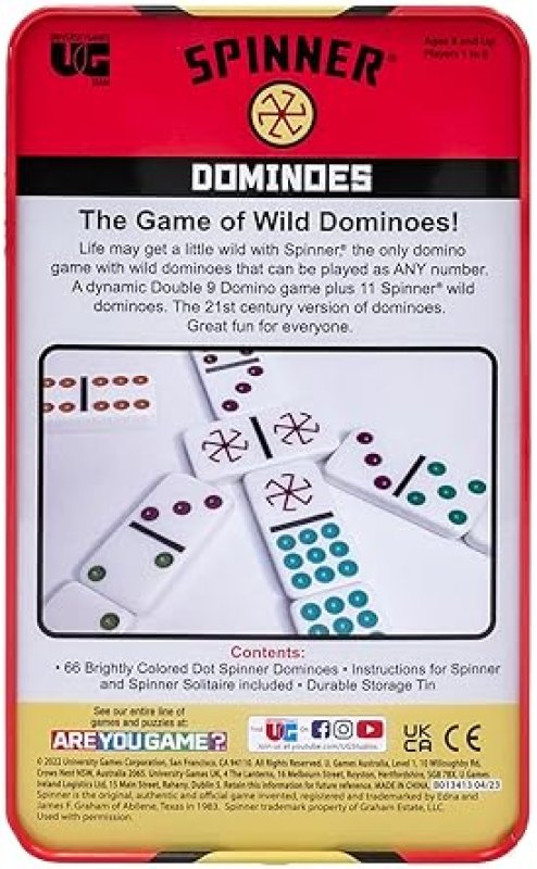 UNIVERSITY GAMES FRONT PORCH CLASSICS, SPINNER COLORED DOT DOMINOES SET, ON-THE-GO TRAVEL STORAGE TIN 2 TO 8 PLAYERS