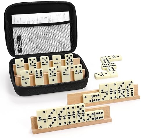 DOMINOS SET FOR ADULTS WITH 4 WOODEN RACKS/TRAYS, DOUBLE 6 DOMINOES TRAVEL SET WITH PORTABLE C