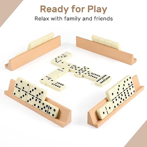 DOMINOS SET FOR ADULTS WITH 4 WOODEN RACKS/TRAYS, DOUBLE 6 DOMINOES TRAVEL SET WITH PORTABLE C