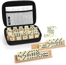 DOMINOS SET FOR ADULTS WITH 4 WOODEN RACKS/TRAYS, DOUBLE 6 DOMINOES TRAVEL SET WITH PORTABLE C