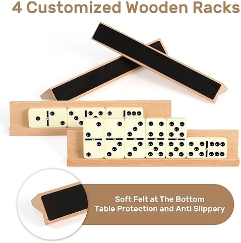 DOMINOS SET FOR ADULTS WITH 4 WOODEN RACKS/TRAYS, DOUBLE 6 DOMINOES TRAVEL SET WITH PORTABLE C