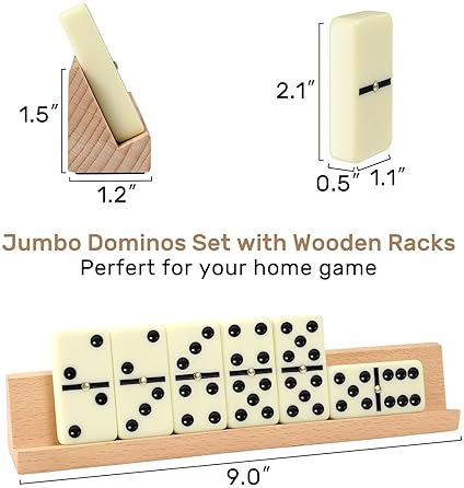 DOMINOS SET FOR ADULTS WITH 4 WOODEN RACKS/TRAYS, DOUBLE 6 DOMINOES TRAVEL SET WITH PORTABLE C