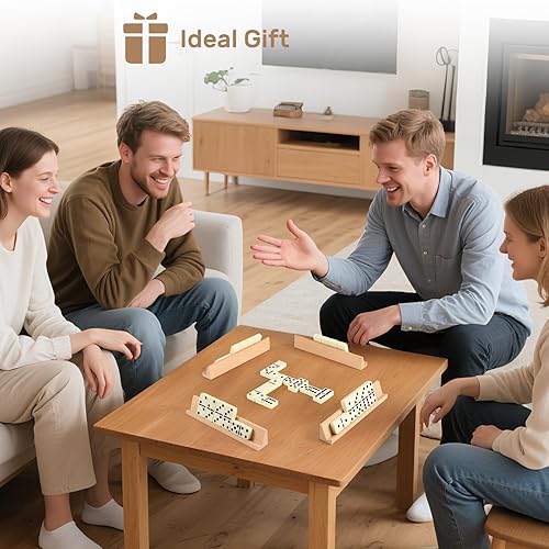 DOMINOS SET FOR ADULTS WITH 4 WOODEN RACKS/TRAYS, DOUBLE 6 DOMINOES TRAVEL SET WITH PORTABLE C