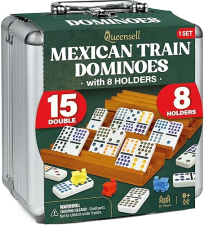QUEENSELL MEXICAN TRAIN DOMINOES SET DOUBLE 15 WITH 8 HOLDERS - WOODEN HUB AND TILES HOLDERS - DOUBL