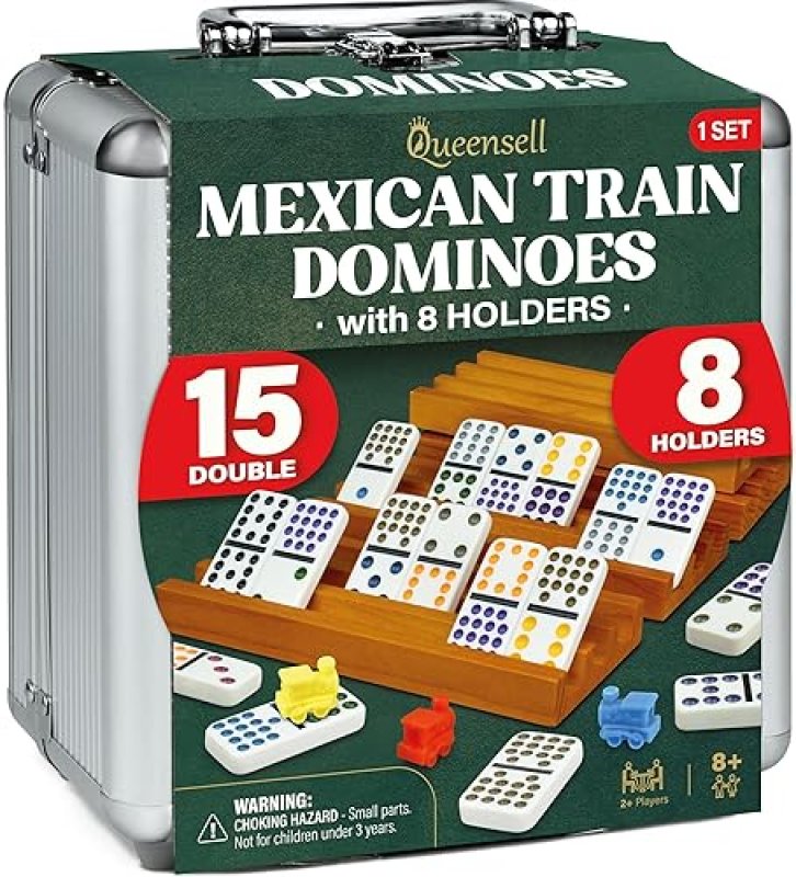 QUEENSELL MEXICAN TRAIN DOMINOES SET DOUBLE 15 WITH 8 HOLDERS - WOODEN HUB AND TILES HOLDERS - DOUBL