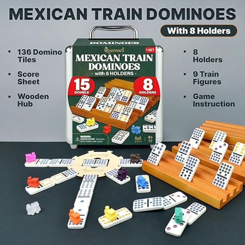 QUEENSELL MEXICAN TRAIN DOMINOES SET DOUBLE 15 WITH 8 HOLDERS - WOODEN HUB AND TILES HOLDERS - DOUBL