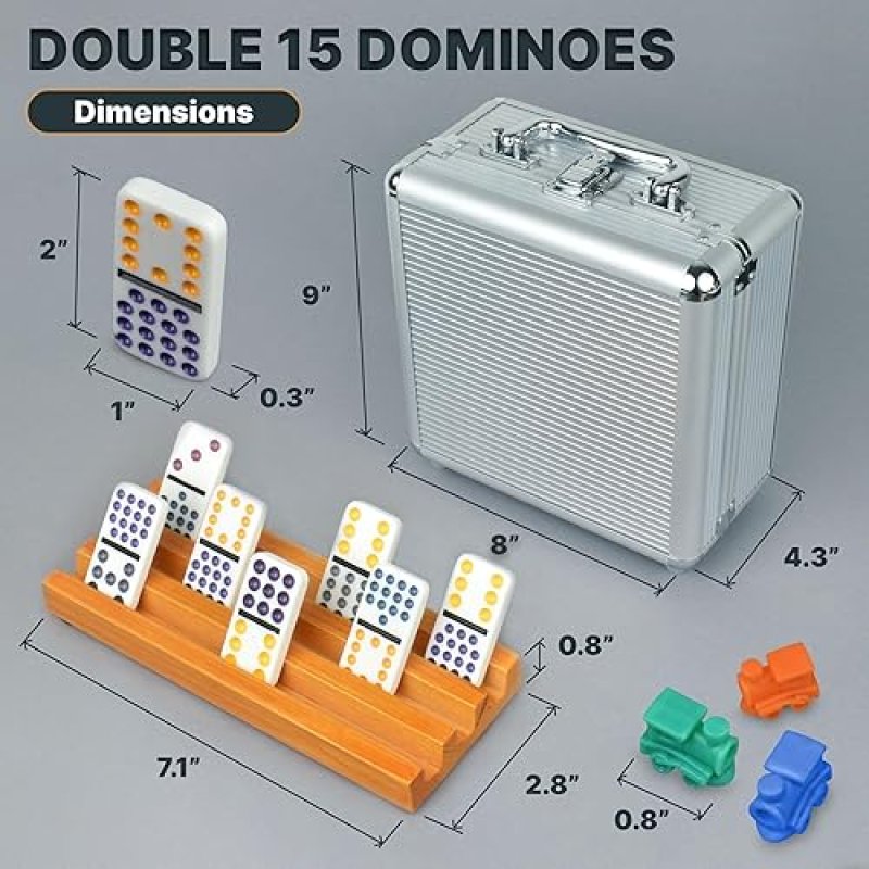 QUEENSELL MEXICAN TRAIN DOMINOES SET DOUBLE 15 WITH 8 HOLDERS - WOODEN HUB AND TILES HOLDERS - DOUBL