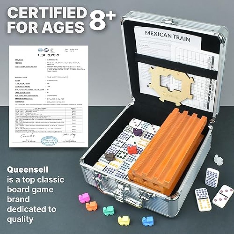 QUEENSELL MEXICAN TRAIN DOMINOES SET DOUBLE 15 WITH 8 HOLDERS - WOODEN HUB AND TILES HOLDERS - DOUBL