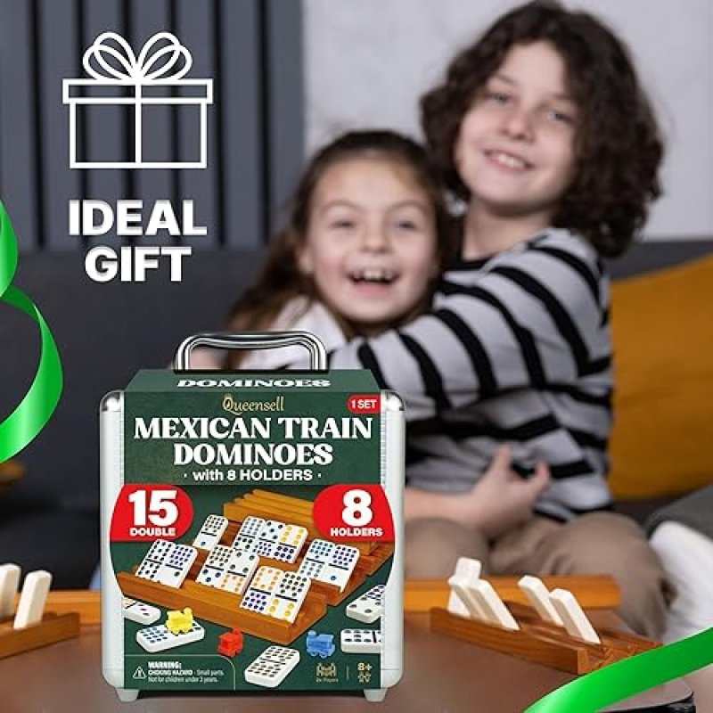 QUEENSELL MEXICAN TRAIN DOMINOES SET DOUBLE 15 WITH 8 HOLDERS - WOODEN HUB AND TILES HOLDERS - DOUBL