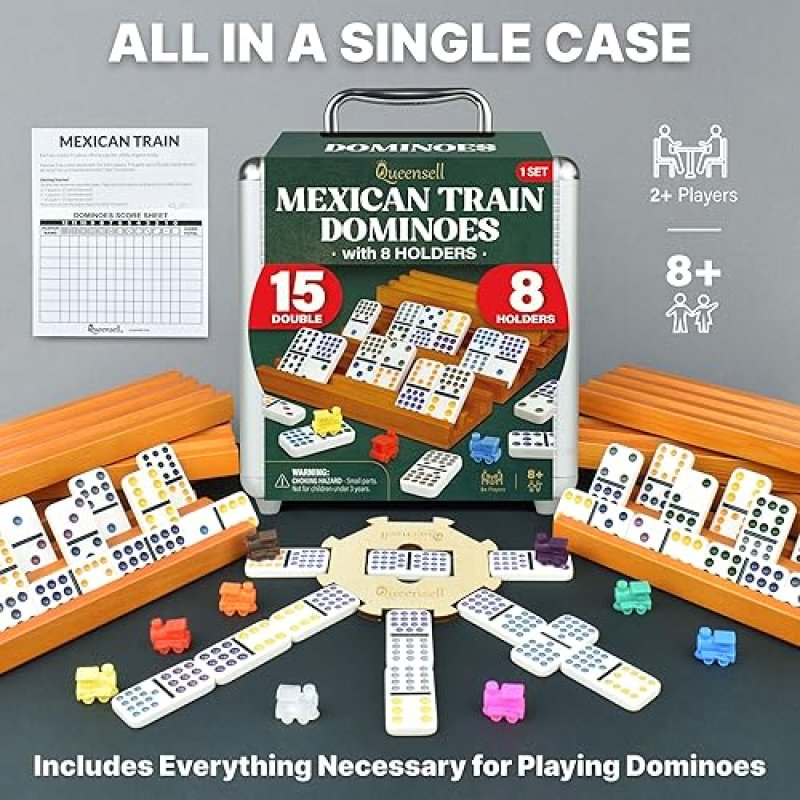 QUEENSELL MEXICAN TRAIN DOMINOES SET DOUBLE 15 WITH 8 HOLDERS - WOODEN HUB AND TILES HOLDERS - DOUBL