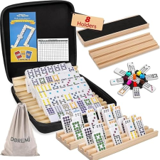 DOREIMI MEXICAN TRAIN DOMINOES SET WITH 8 WOODEN HOLDERS, DOUBLE 12 COLORED DOT DOMINOES WITH UPDATE HUB, TR