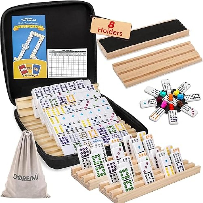 DOREIMI MEXICAN TRAIN DOMINOES SET WITH 8 WOODEN HOLDERS, DOUBLE 12 COLORED DOT DOMINOES WITH UPDATE HUB, TR