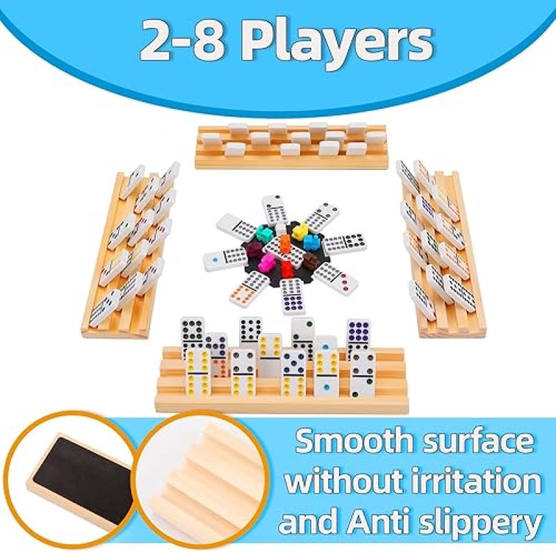 DOREIMI MEXICAN TRAIN DOMINOES SET WITH 8 WOODEN HOLDERS, DOUBLE 12 COLORED DOT DOMINOES WITH UPDATE HUB, TR