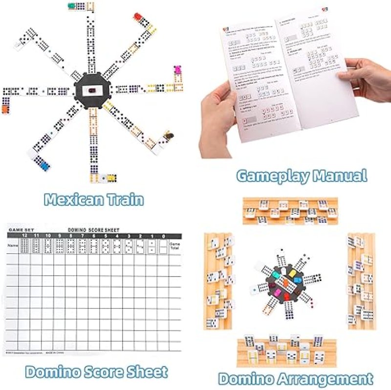 DOREIMI MEXICAN TRAIN DOMINOES SET WITH 8 WOODEN HOLDERS, DOUBLE 12 COLORED DOT DOMINOES WITH UPDATE HUB, TR