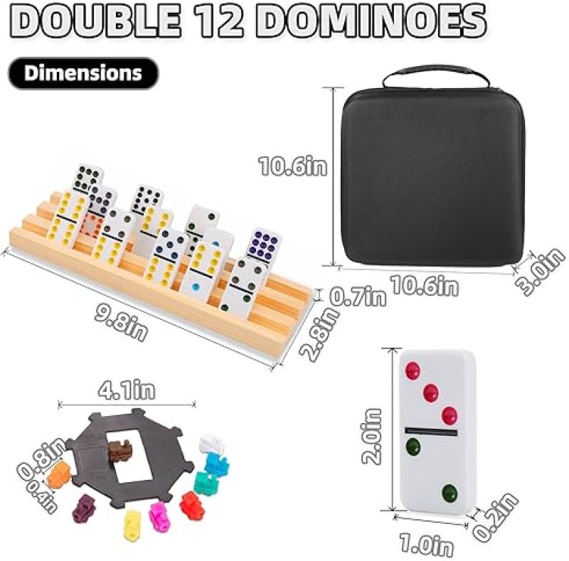 DOREIMI MEXICAN TRAIN DOMINOES SET WITH 8 WOODEN HOLDERS, DOUBLE 12 COLORED DOT DOMINOES WITH UPDATE HUB, TR