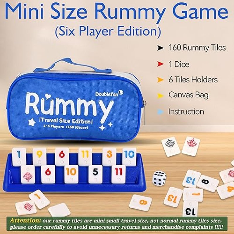DOUBLEFAN MINI RUMMY CUBE GAME, MINI SIZE RUMMY SET WITH PORTABLE CANVAS BAG, SMALL TRAVEL BOARD GAM