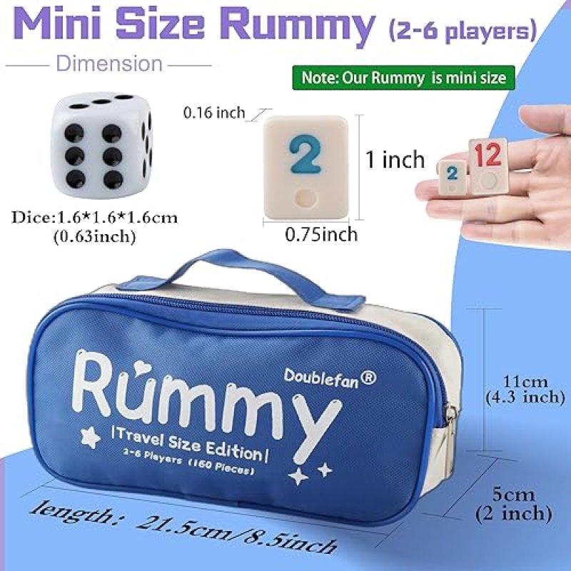 DOUBLEFAN MINI RUMMY CUBE GAME, MINI SIZE RUMMY SET WITH PORTABLE CANVAS BAG, SMALL TRAVEL BOARD GAM