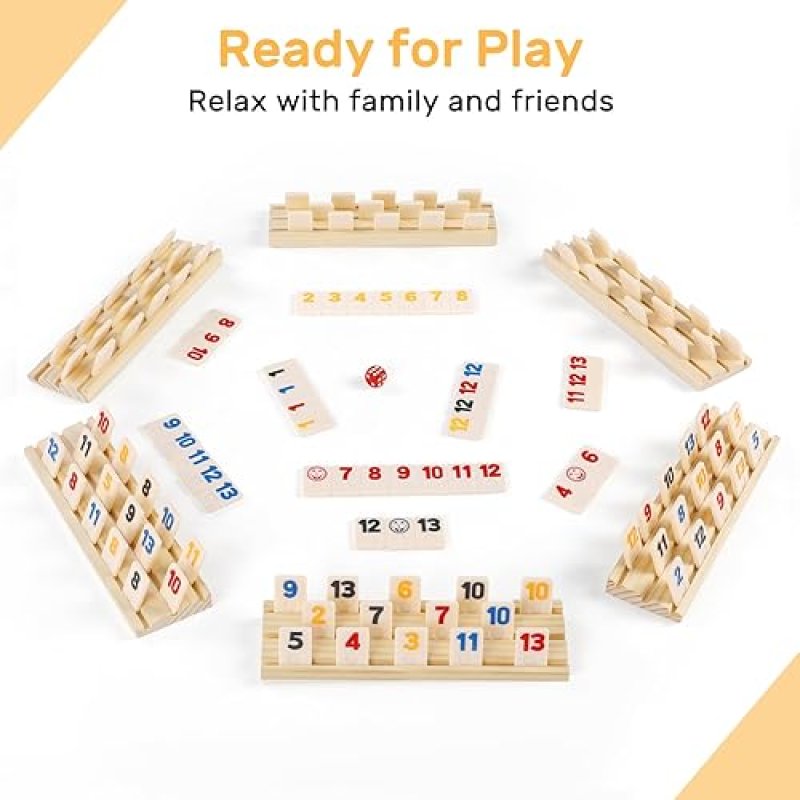 RUMMY CUBE 6 PLAYER EDITION WITH 6 WOODEN RACKS/TRAYS, 160 LARGE NUMBERS RUMMY TILES SET WITH ZIPPER