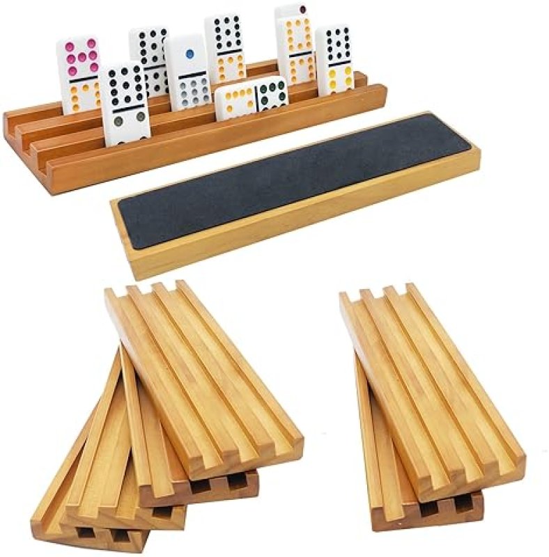 ESSAJOY WOODEN DOMINO TRAYS/RACKS SET OF 8 MEXICAN TRAIN DOMINO TRAYS/RACKS DOUBLE 12 TILES HOLDERS RACK DOM