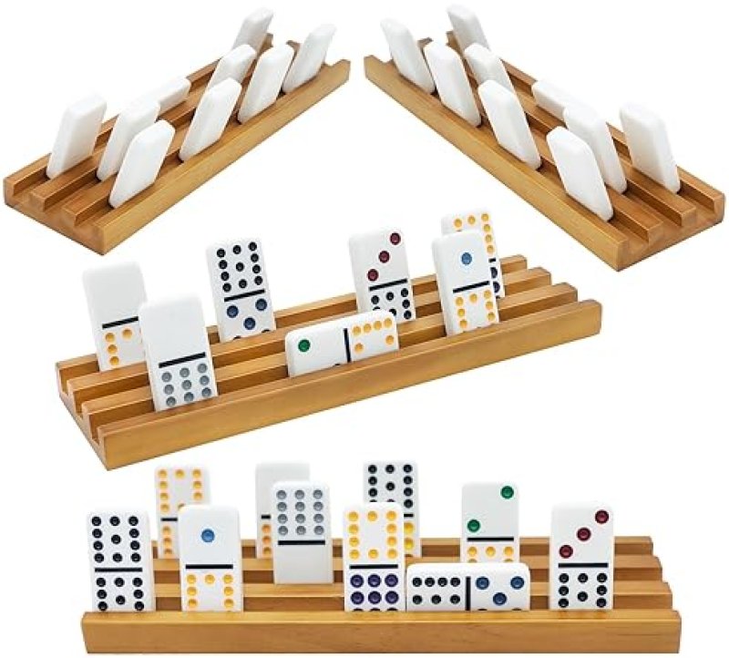 ESSAJOY WOODEN DOMINO TRAYS/RACKS SET OF 8 MEXICAN TRAIN DOMINO TRAYS/RACKS DOUBLE 12 TILES HOLDERS RACK DOM
