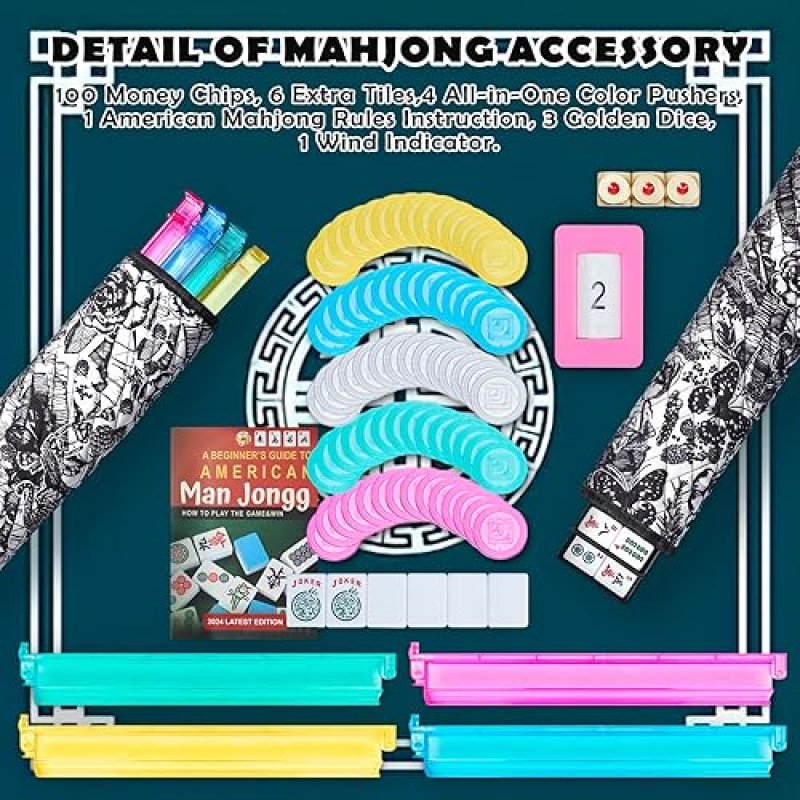 TAIKULA NEW AMERICAN MAHJONG GAME SET,166 PREMIUM WHITE TILES WITH PORTABLE METAL DICES，4 ALL-IN-ONE RACKS W