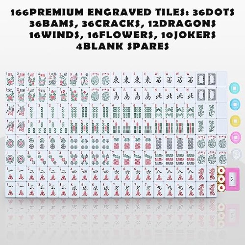 TAIKULA NEW AMERICAN MAHJONG GAME SET,166 PREMIUM WHITE TILES WITH PORTABLE METAL DICES，4 ALL-IN-ONE RACKS W