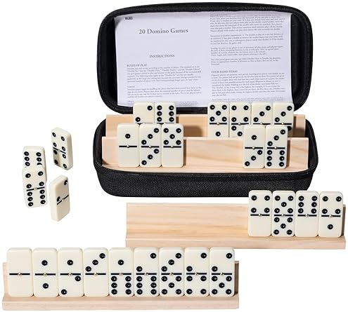 DOMINOES SET FOR ADULTS, 28 TILES WITH 4 WOODEN RACKS/TRAYS, PORTABLE DOUBLE 6 DOMINO GAME SET, CLAS