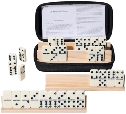 DOMINOES SET FOR ADULTS, 28 TILES WITH 4 WOODEN RACKS/TRAYS, PORTABLE DOUBLE 6 DOMINO GAME SET, CLAS