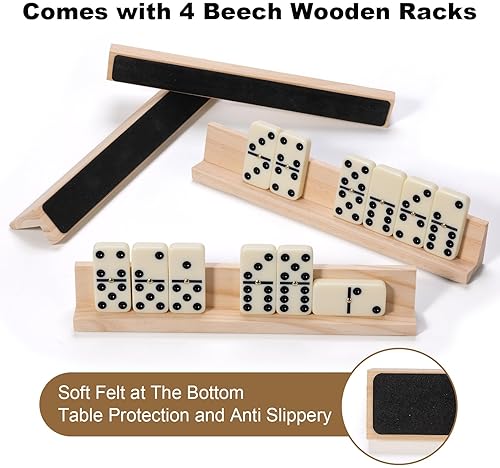 DOMINOES SET FOR ADULTS, 28 TILES WITH 4 WOODEN RACKS/TRAYS, PORTABLE DOUBLE 6 DOMINO GAME SET, CLAS