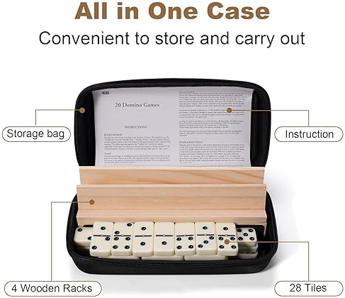 DOMINOES SET FOR ADULTS, 28 TILES WITH 4 WOODEN RACKS/TRAYS, PORTABLE DOUBLE 6 DOMINO GAME SET, CLAS