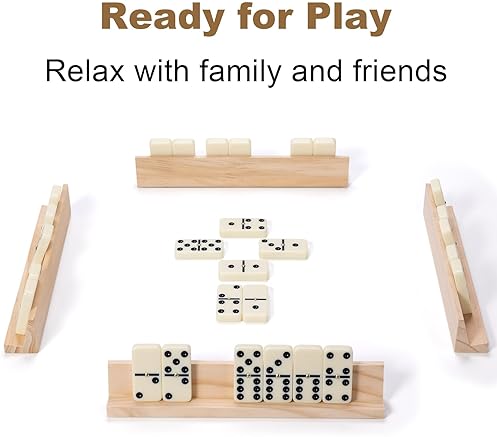 DOMINOES SET FOR ADULTS, 28 TILES WITH 4 WOODEN RACKS/TRAYS, PORTABLE DOUBLE 6 DOMINO GAME SET, CLAS