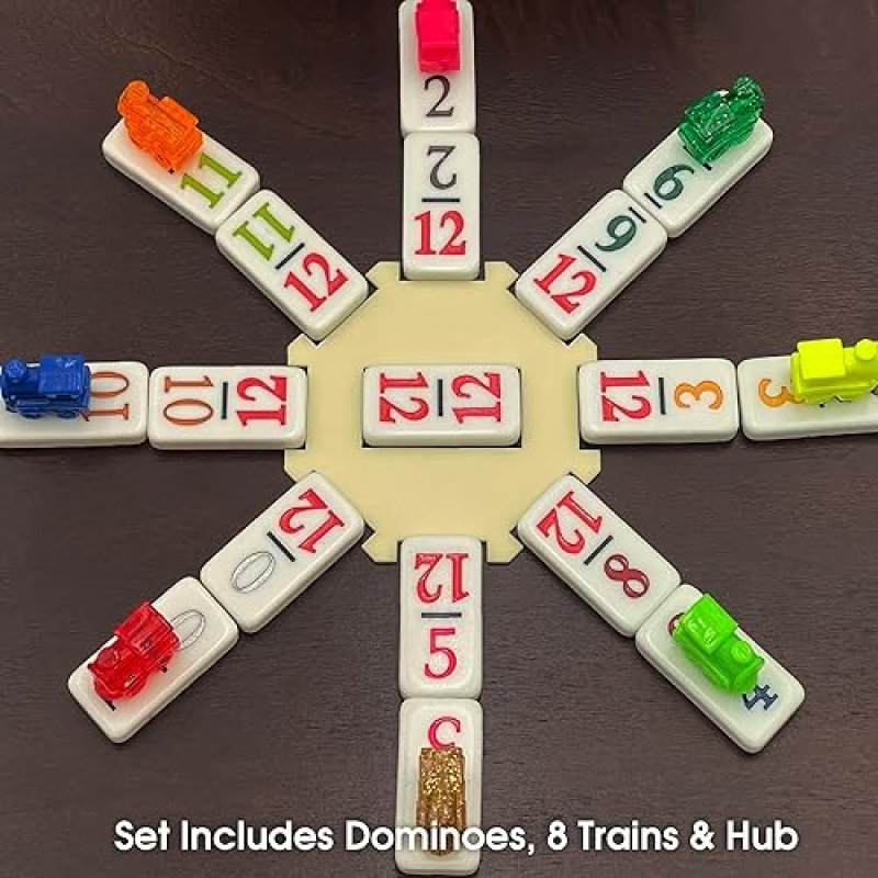 CHH DOUBLE 12 MEXICAN TRAIN NUMBER DOMINOES – TRAVEL SIZE WITH ZIP UP CASE, HUB & 8 DOMINO TRAINS –