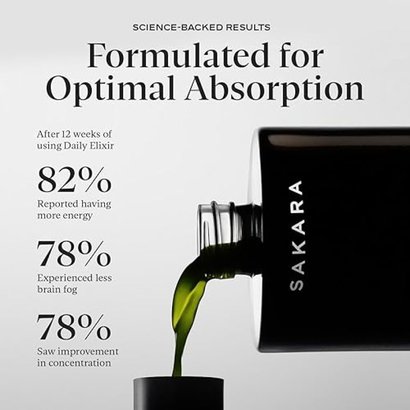 SAKARA DAILY ELIXIR LIQUID MULTIVITAMIN - PLANT-BASED FORMULA FOR RADIANT SKIN & COGNITIVE HEALTH - VITAMIN E & SELENIUM - LEMON VERBENA-MINT, 16 FL OZ'