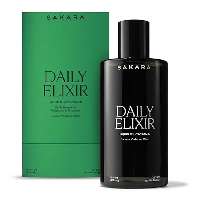 SAKARA DAILY ELIXIR LIQUID MULTIVITAMIN - PLANT-BASED FORMULA FOR RADIANT SKIN & COGNITIVE HEALTH - VITAMIN E & SELENIUM - LEMON VERBENA-MINT, 16 FL OZ'