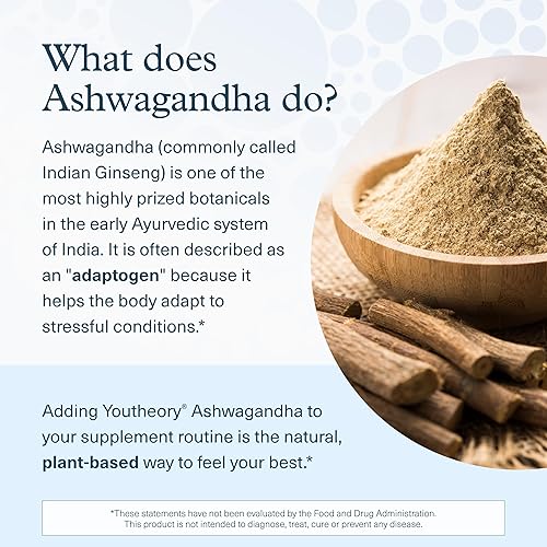 YOUTHEORY ASHWAGANDHA 1000MG - STRESS CORTISOL SUPPORT - GLUTEN, DAIRY SOY FREE - 60 VEG CAPSULES