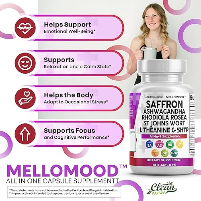 CLEAN NUTRACEUTICALS SAFFRON SUPPLEMENTS WITH ASHWAGANDHA, L-THEANINE MOOD SUPPORT HERBS