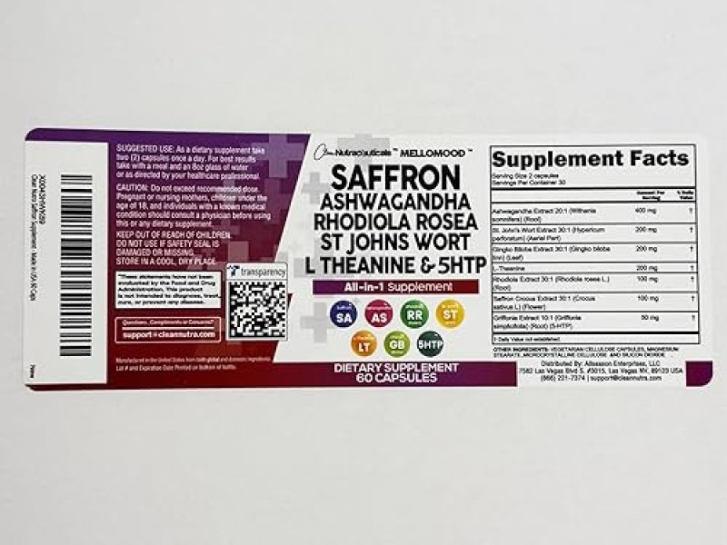 CLEAN NUTRACEUTICALS SAFFRON SUPPLEMENTS WITH ASHWAGANDHA, L-THEANINE MOOD SUPPORT HERBS