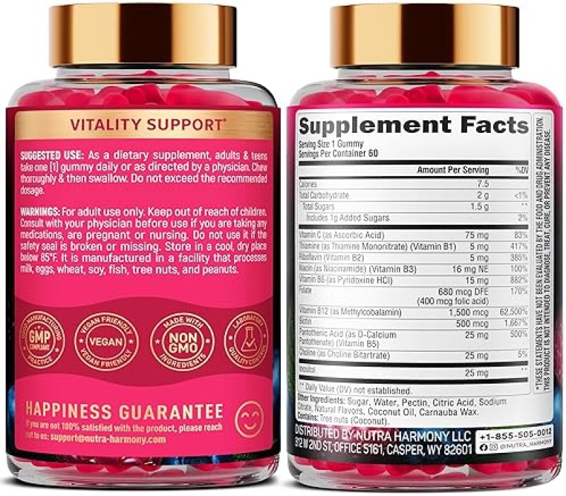 NUTRA VITAMIN B-COMPLEX GUMMIES FOR MEN WOMEN B12, B1-B9, VITAMIN C, CHOLINE VEGAN, 60 COUNT