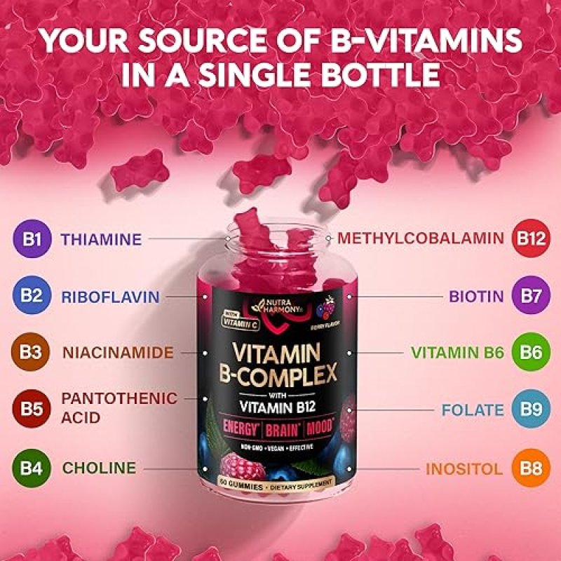 NUTRA VITAMIN B-COMPLEX GUMMIES FOR MEN WOMEN B12, B1-B9, VITAMIN C, CHOLINE VEGAN, 60 COUNT