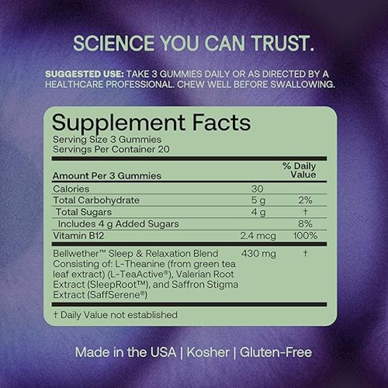 MENPER NATURAL SLEEP AID GUMMIES MELATONIN-FREE, STRESS RELIEF WITH SAFFRON, VALERIAN B12, 60CT