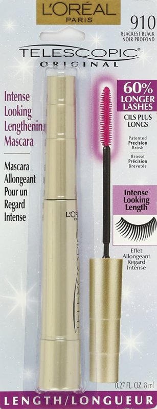 LOREAL PARIS TELESCOPIC MASCARA BLACKEST BLACK 0.27 OZ LENGTHENING WATERPROOF LASH ENHANCER