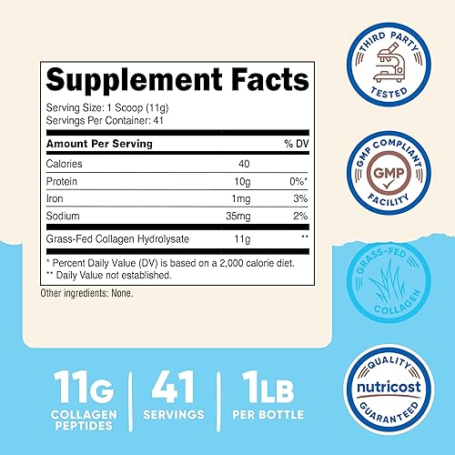 NUTRICOST COLLAGEN PEPTIDES POWDER 1LB GRASS-FED BOVINE HYDROLYZED COLLAGEN, UNFLAVORED