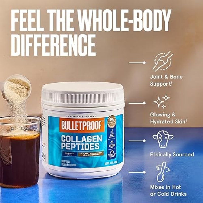 BULLETPROOF VANILLA COLLAGEN PEPTIDES POWDER 14.3 OZ WITH MCT OIL GRASS-FED, HORMONE-FREE
