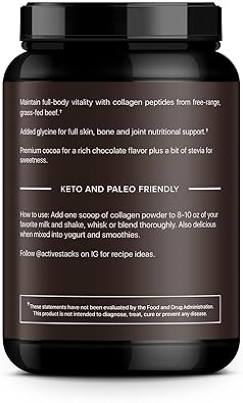 ACTIVE STACKS GRASS-FED COLLAGEN PEPTIDES POWDER, CHOCOLATE TYPE 1 3 FOR HAIR, SKIN, JOINTS, 2 LB
