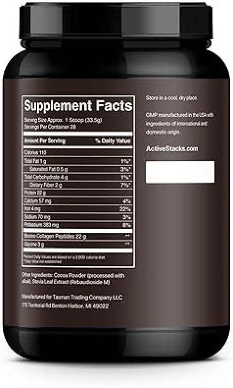 ACTIVE STACKS GRASS-FED COLLAGEN PEPTIDES POWDER, CHOCOLATE TYPE 1 3 FOR HAIR, SKIN, JOINTS, 2 LB