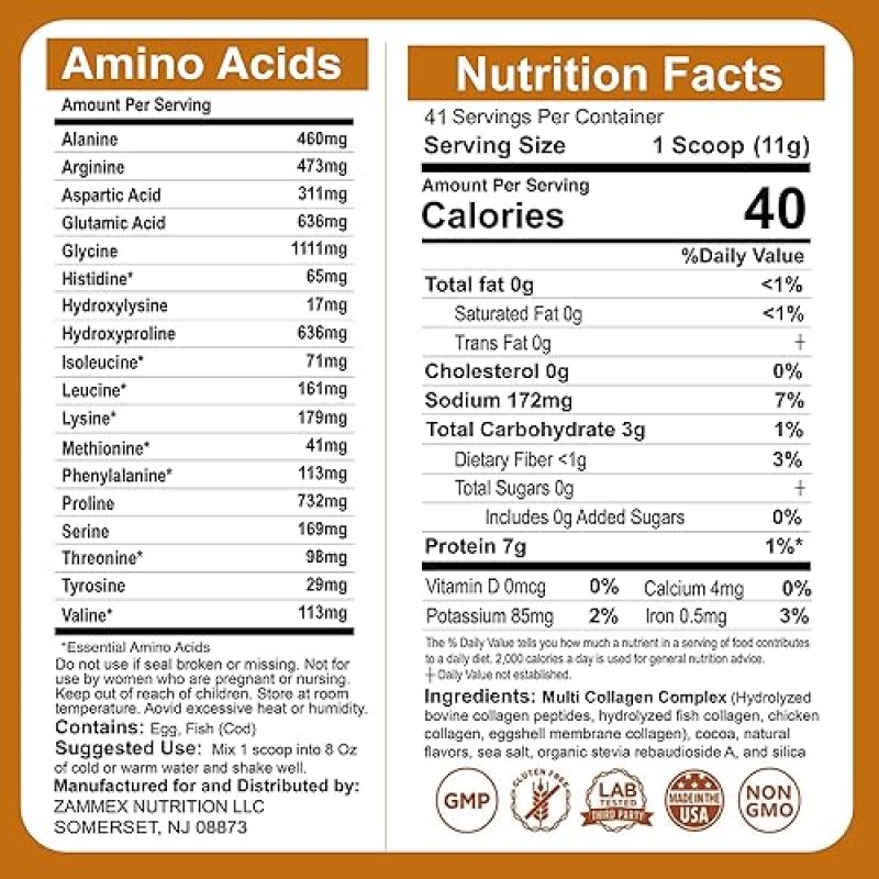 ZAMMEX CHOCOLATE MULTI COLLAGEN PEPTIDES POWDER TYPE I, III, V, X HAIR, SKIN GUT HEALTH, 1LB