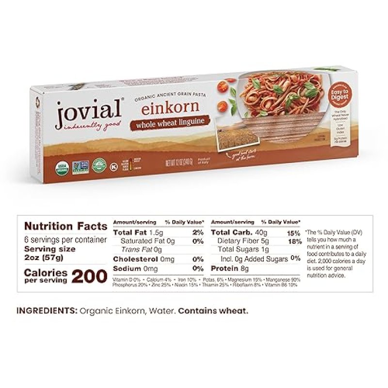 JOVIAL ORGANIC EINKORN WHOLE GRAIN LINGUINE PASTA - HIGH PROTEIN, NON-GMO, 12OZ, 6 PACK