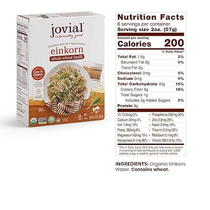 JOVIAL EINKORN ORGANIC WHOLE WHEAT FUSILLI PASTA - HIGH PROTEIN, NON-GMO, USDA CERTIFIED, 6-PACK