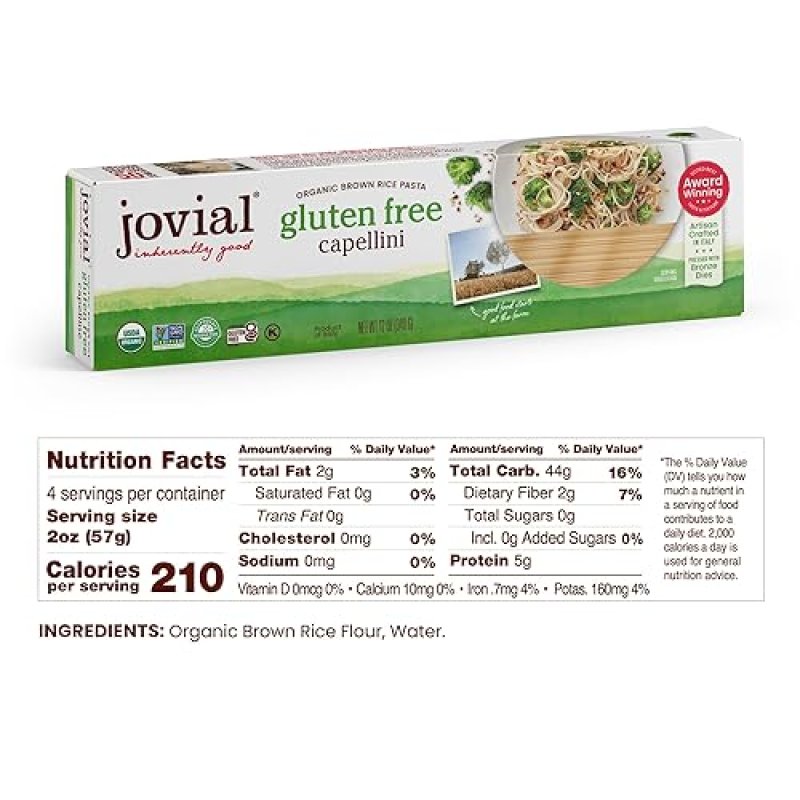 JOVIAL ORGANIC WHOLE GRAIN BROWN RICE CAPELLINI PASTA, GLUTEN DAIRY FREE, 12OZ, 4-PACK