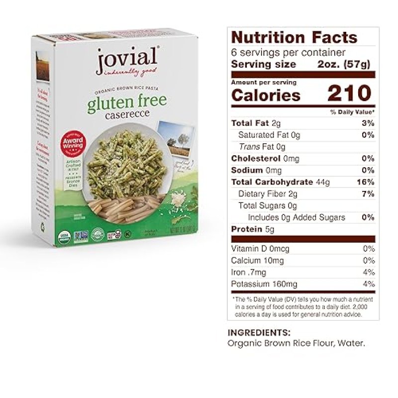 JOVIAL ORGANIC WHOLE GRAIN BROWN RICE PASTA VARIETY PACK - RIGATE, FUSILLI CASERECCE, 12OZ X3